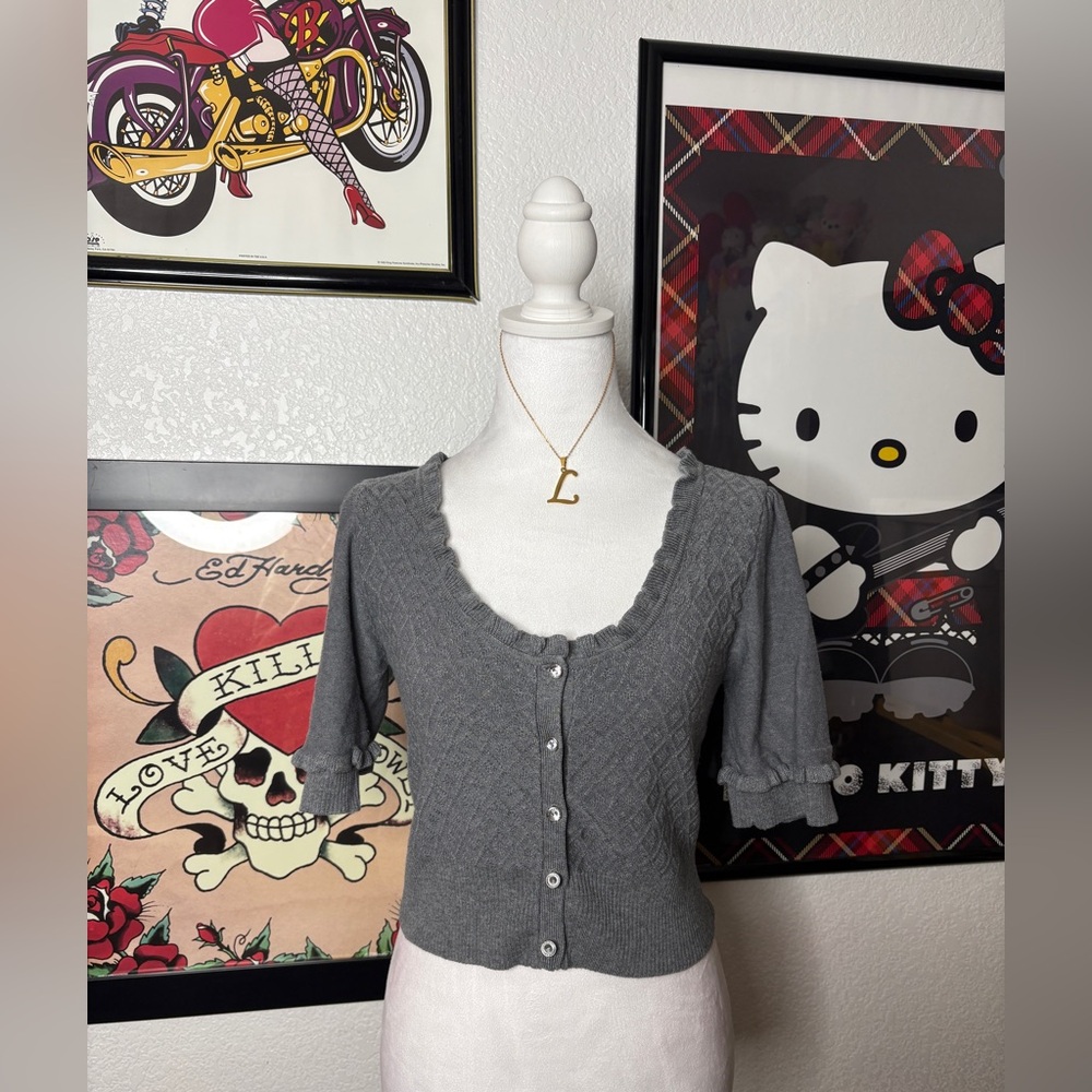 Personal Identity Gray Short Sleeve Cardigan Y2K Ruffle Coquette Dark Academia